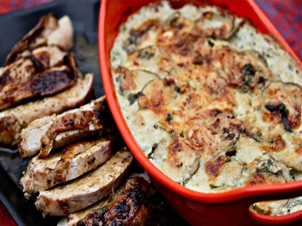 Ancho-rubbed turkey breast with cilantro-habanero potato gratin