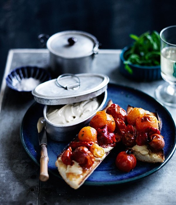 Anchoiade toasts with roasted tomatoes and capsicum
