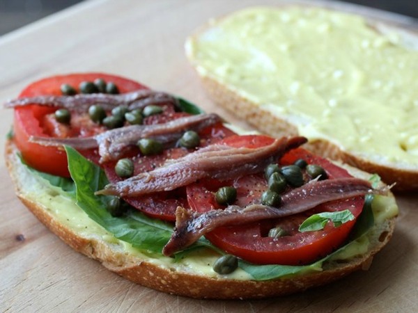 Anchovy, basil, and tomato sandwiches with aioli