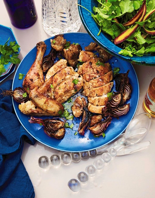 Anchovy-butter chicken with chicken fat croutons