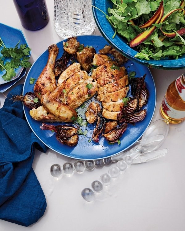 Anchovy-butter chicken with chicken fat croutons