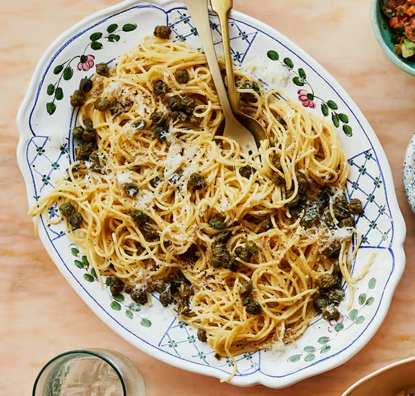 Anchovy cacio e pepe with capers