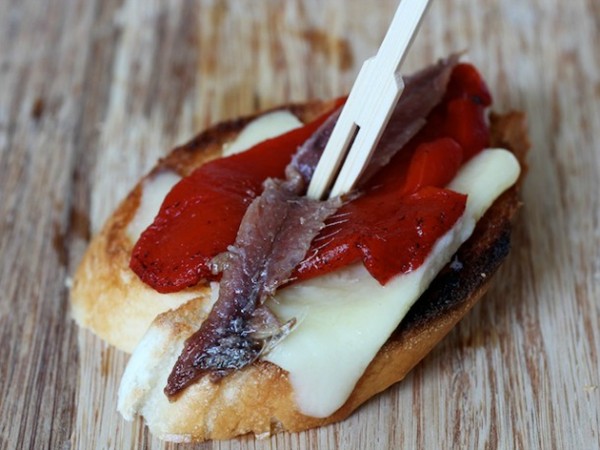 Anchovy, red pepper, and Manchego pintxos