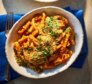 Anchovy red pesto pasta with crispy garlic pangrattato