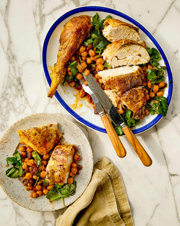 Anchovy roast chicken with chickpea salad