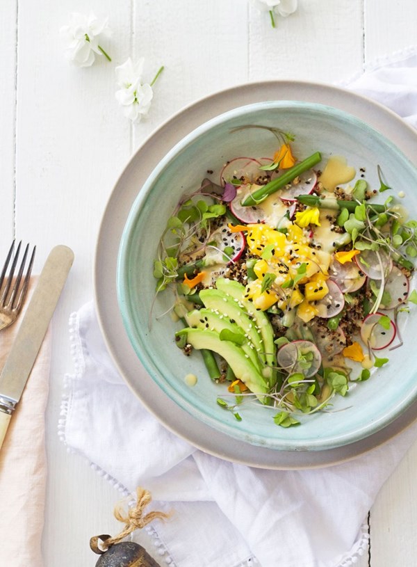 Ancient grain, mango, avocado and green bean salad with ginger and miso dressing