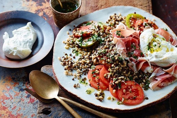 Ancient grain, prosciutto & burrata salad