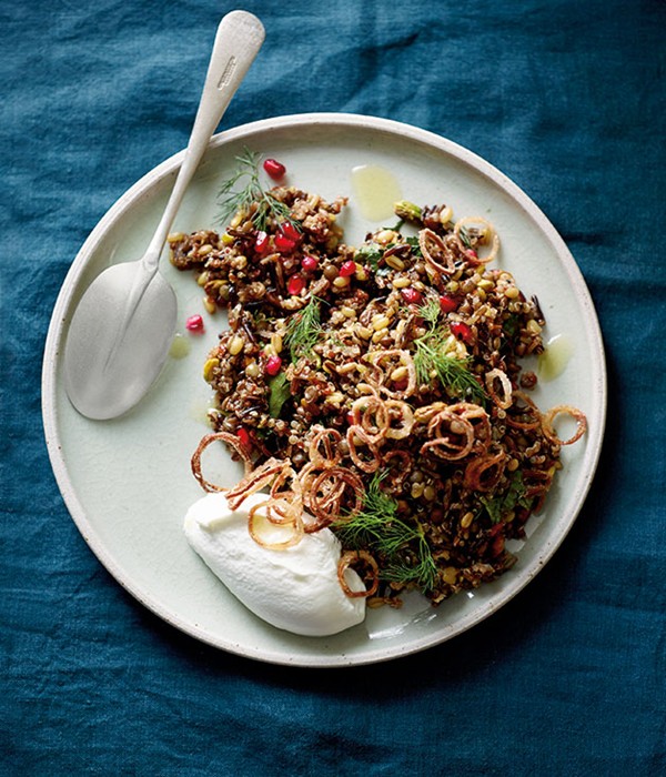 Ancient grain salad, goat's curd, pomegranate, crisp-fried shallots