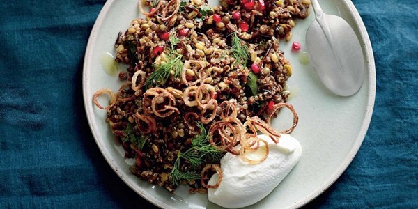 Ancient grain salad, goat's curd, pomegranate, crispy fried shallots