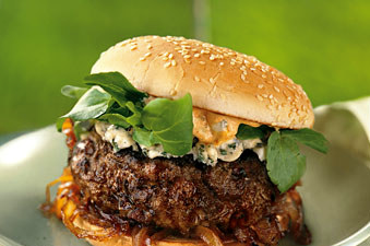 Andouille and beef burgers with spicy mayo and caramelized onions