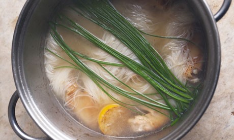 Angel hair noodles, chicken broth and chives