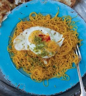 Angel hair noodles, egg, saffron + cardamom (Ballalat)