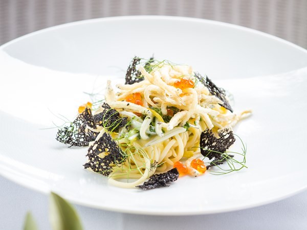 Angel hair pasta with crispy whitebait & lemon ‘carbonara’
