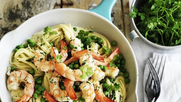 Angel hair pasta with prawn, pea and lemon sauce