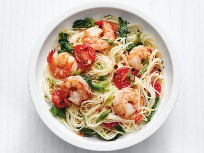 Angel-hair pasta with shrimp and greens