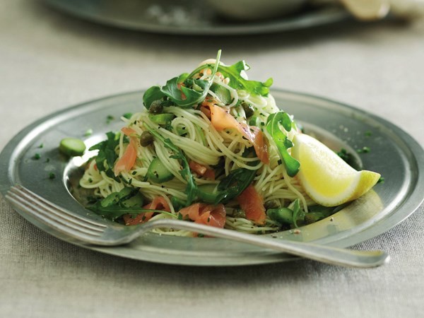 Angel hair pasta with smoked salmon and asparagus