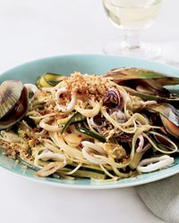 Angel hair pasta with squid, mussels and zucchini