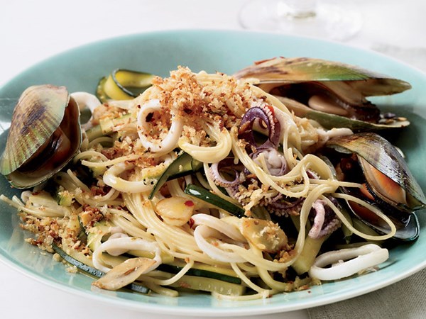 Angel hair pasta with squid, mussels and zucchini