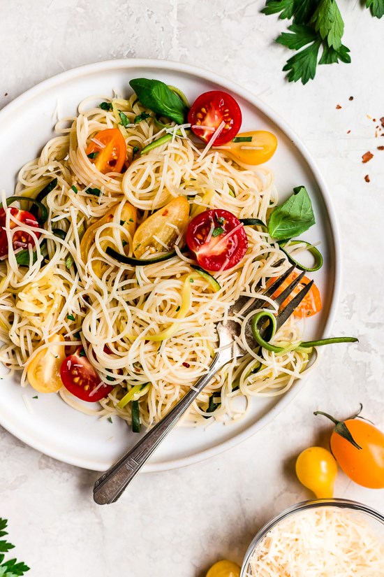 Angel hair pasta with zucchini and tomatoes