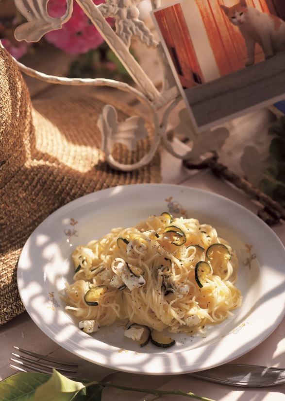 Angel hair pasta with zucchini, mint, and feta