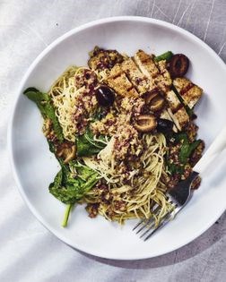 Angel hair tapenade with tofu and arugula