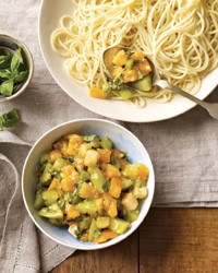 Angel hair with green-and-yellow-tomato sauce