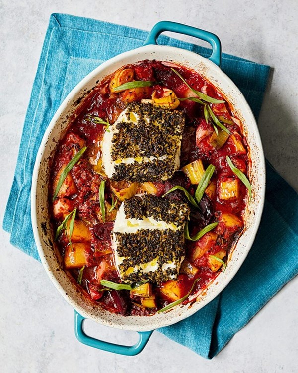 Aniseed cod, potato and beetroot traybake