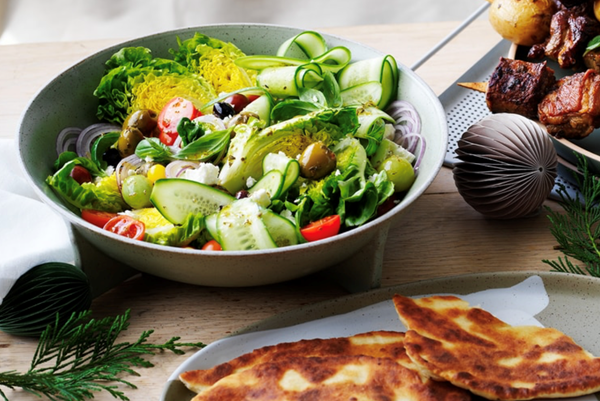 Anna's Christmas Greek salad with pita bread and tzatziki
