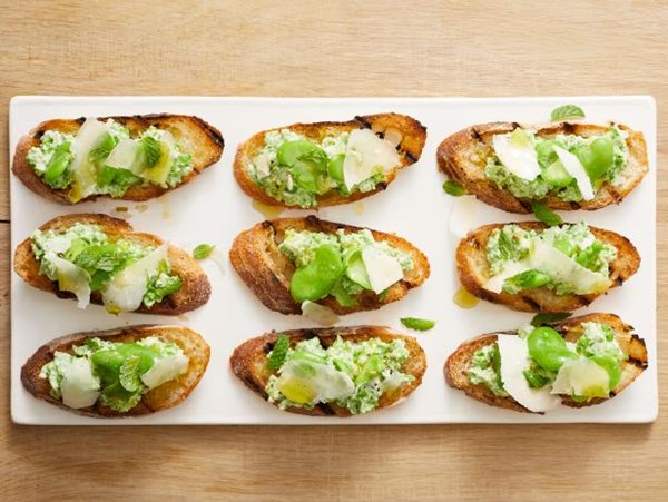 Anne’s spring pea and ricotta crostini with fava beans