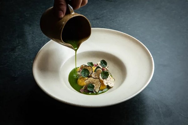 Anolini with mushroom ragout and wild garlic and mushroom sauce