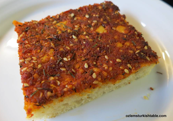 Antakya style flat breads with feta, za'tar and red pepper paste (Biberli ekmek)