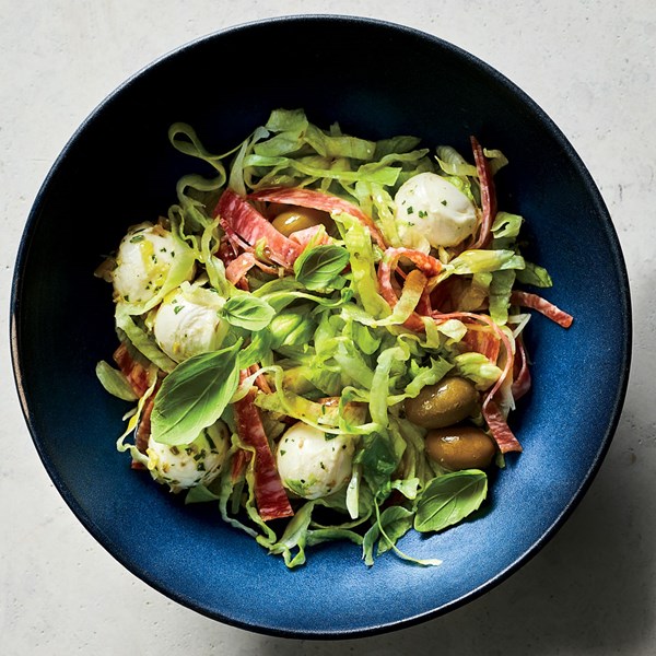 Antipasto salad with salami & green olive-marinated bocconcini [Nancy Silverton]