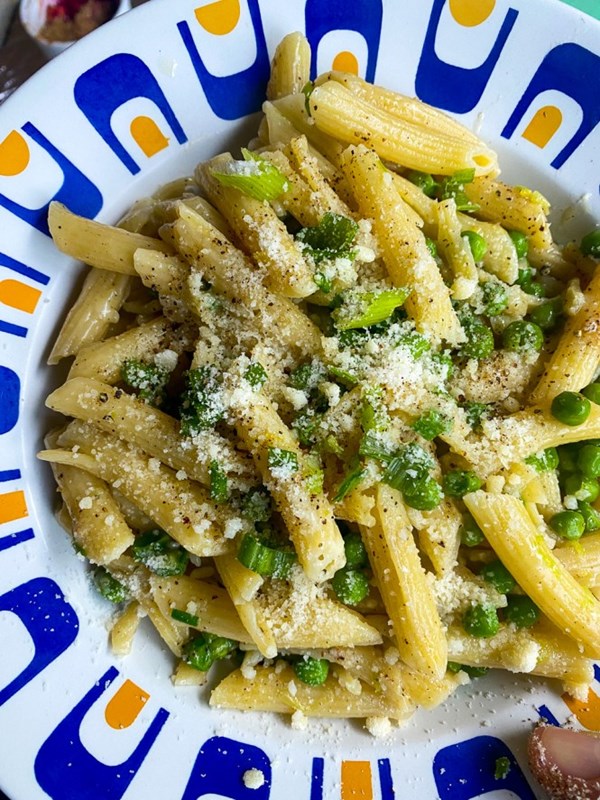 Anytime pasta with scallions, peas, and Parmesan
