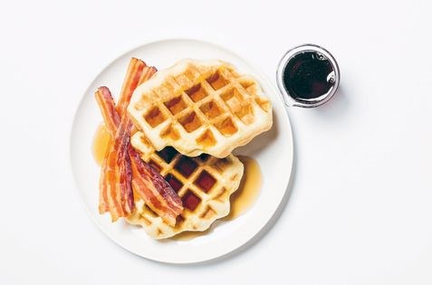 Anytime waffles w bacon + maple syrup