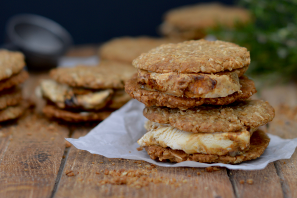 ANZAC biscuit and burnt fig ice cream sandwiches