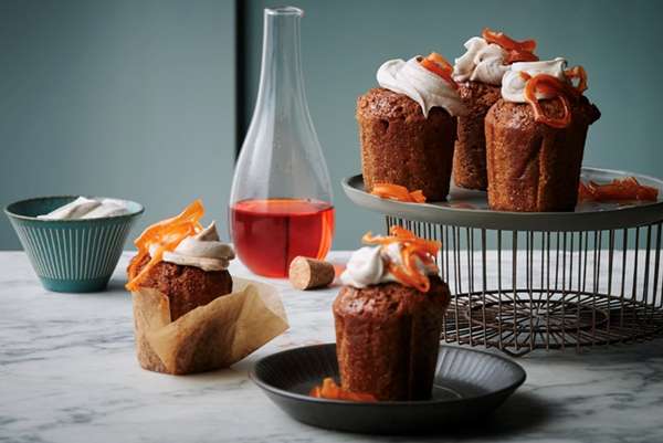 Aperol-soaked carrot muffins with labneh frosting