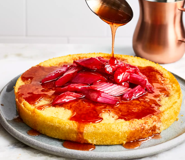 Aperol spritz cake with Prosecco-poached rhubarb