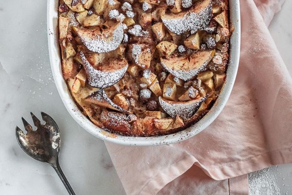 Apple & hazelnut bread pudding with warm maple sauce