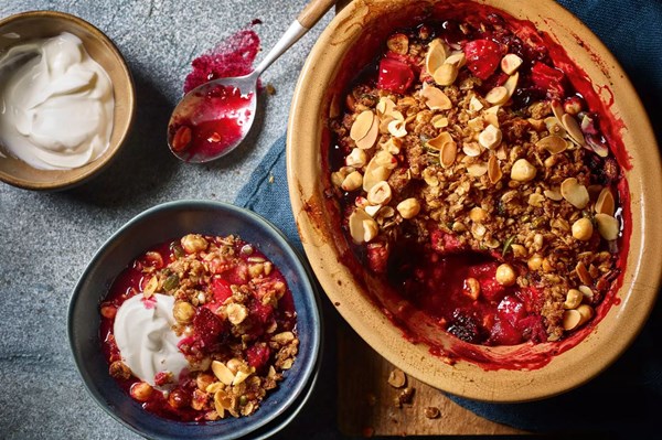 Apple & mixed berry crumble with nuts and seeds