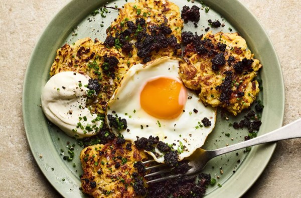 Apple & potato rösti with black pudding and fried eggs