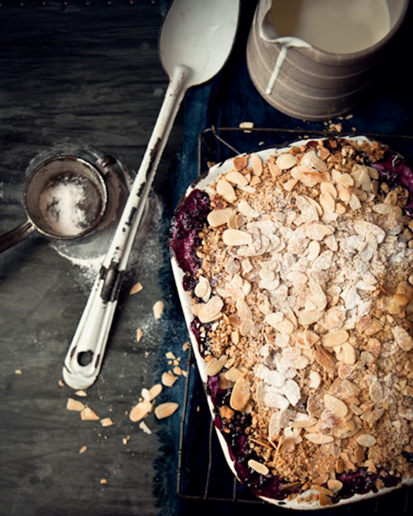 Apple and blueberry crumble, roasted almond and peanut topping