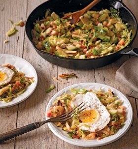 Apple and Brussels sprouts hash with fried eggs