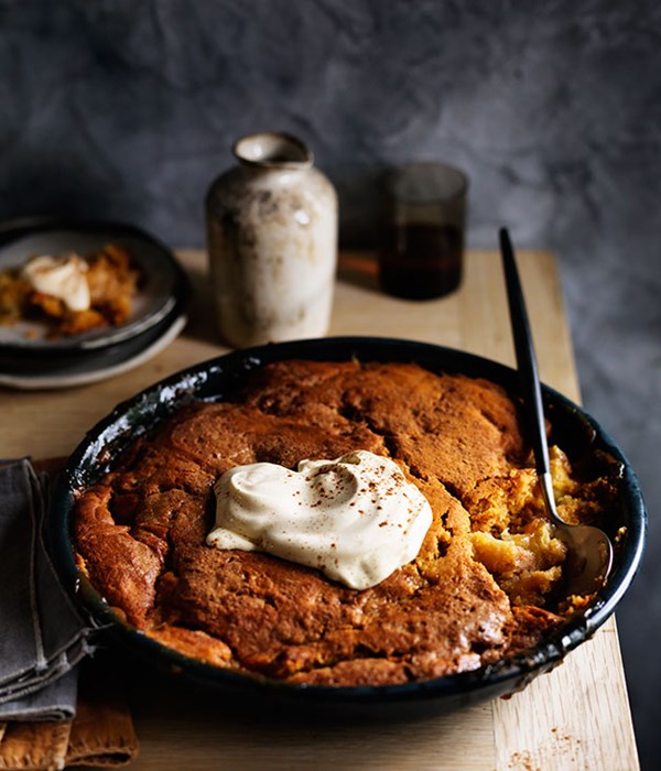 Apple and candied ginger self-saucing pudding