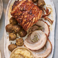 Apple and chestnut-stuffed pork belly with apple sauce