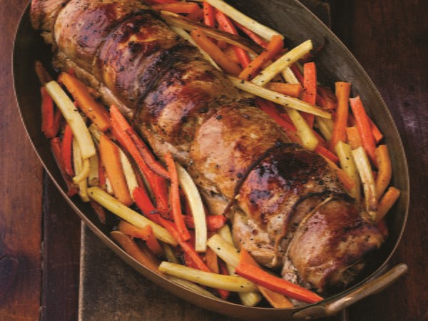 Apple and chestnut-stuffed pork loin with cider sauce