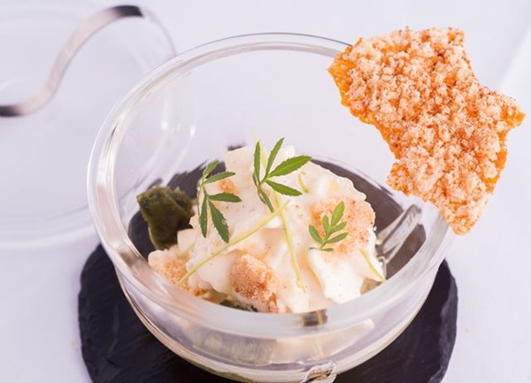 Apple and elderflower fool, sorrel granita and crumble biscuit