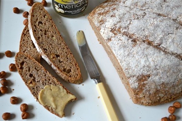 Apple and hazelnut spelt rye sourdough bread loaf