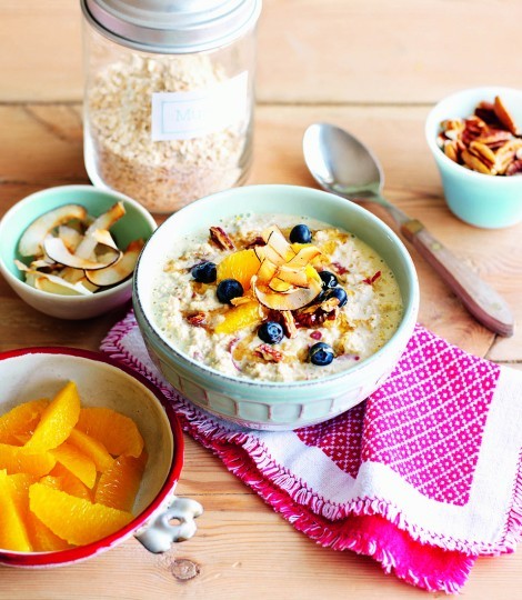 Apple and orange muesli with blueberries, pecans and toasted coconut