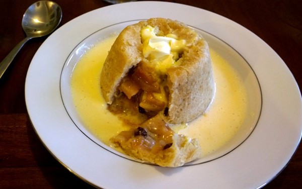 Apple and quince hat with bay-infused custard