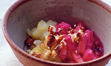 Apple and rhubarb purée with almond brittle